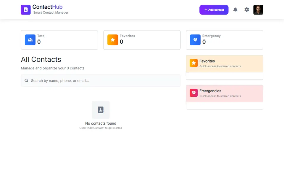 ContactHub dashboard with contact totals, search and favorites panels