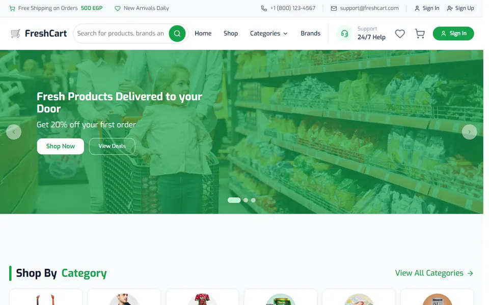 FreshCart home page with a grocery hero banner and category navigation
