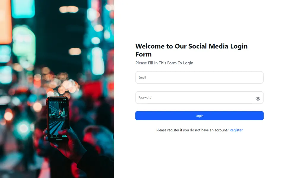 Social App login screen with a city photo beside the sign-in form
