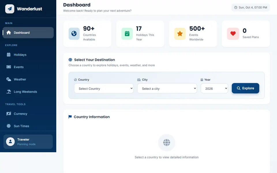 Wanderlust dashboard with destination picker and travel stats