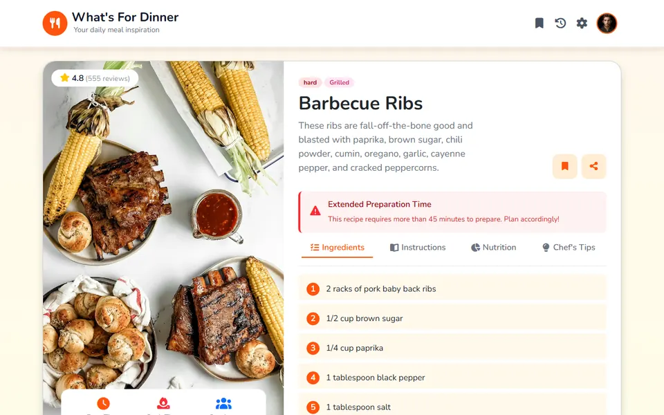 What's For Dinner showing a barbecue ribs recipe with ingredient tabs